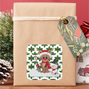 Adesivo Quadrado Cartum de Natal de Reindeer