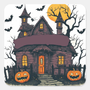 Adesivo Quadrado Casa Assombrada Com Abóboras E Lua Cheia 🎃