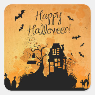 Adesivo Quadrado Casa Assombrada Rústica Feliz Halloween