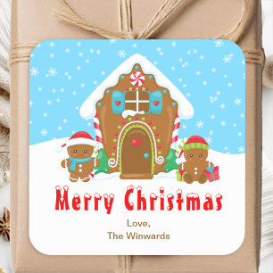 Adesivo Quadrado Casa de Biscoito de Natal Azul e Vermelho Feliz Na