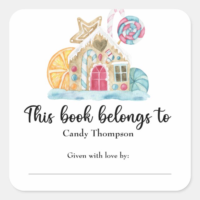 Adesivo Quadrado Casa de biscoito de Natal - este livro pertence a (Frente)