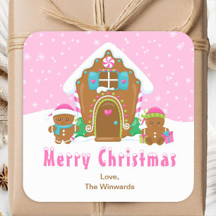 Adesivo Quadrado Casa de Biscoito de Natal Rosa Feliz Natal