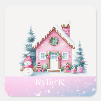 Adesivo Quadrado Casa de Biscoito Personalizada de Natal Rosa