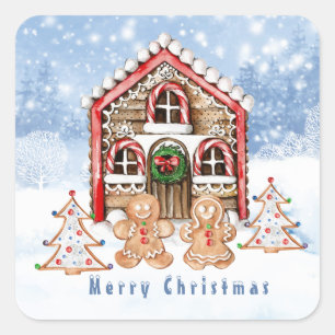 Adesivo Quadrado Casa de cana doce, moço de pão-de-gengibre, menina