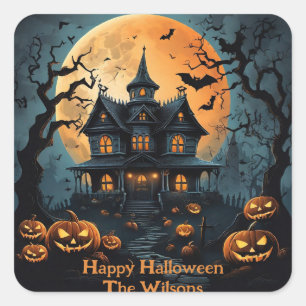 Adesivo Quadrado Casa de Halloween com Pumpkins assustador