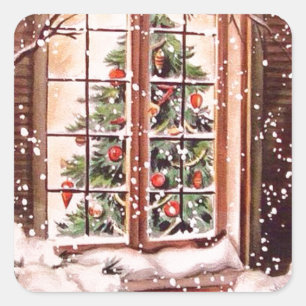 Adesivo Quadrado Casa de Natal Vintage Merry