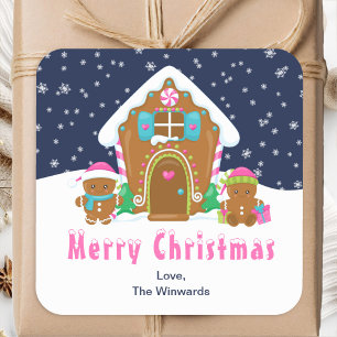 Adesivo Quadrado Casa de Pão de Mel Naval e Rosa Feliz Natal