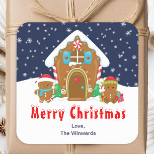 Adesivo Quadrado Casa de Pão de Mel Naval e Vermelho Feliz Natal
