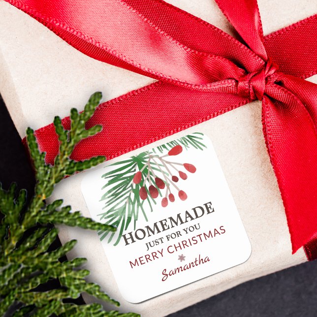 Adesivo Quadrado Casa De Primavera De Natal Só Para Você (Christmas Spring Berries Homemade Just For You Square Sticker)