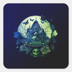 Adesivo Quadrado Casa Gótica Verde e Roxa Assombrada