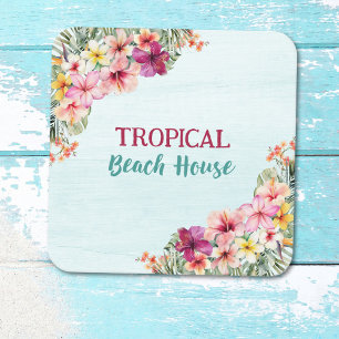 Adesivo Quadrado Casa Tropical na Praia Flores Rosa Floral Botânico