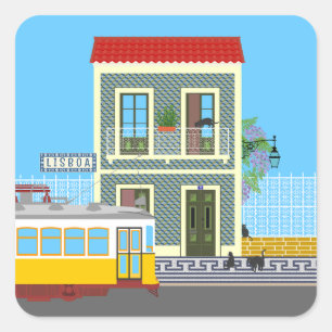 Adesivo Quadrado Casa velha de Lisboa com gatos e elétrico amarelo