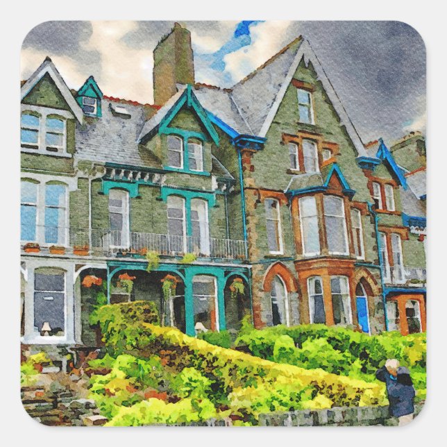 Adesivo Quadrado Casa vitoriana em Keswick pintada em aquarela (Frente)
