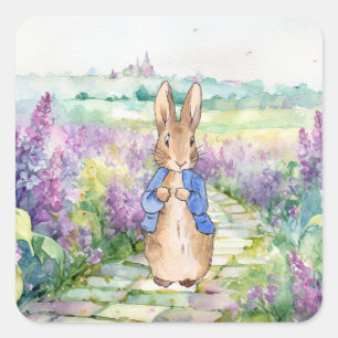 Adesivo Quadrado Casaco azul de coelho clássico com lilases aquarel