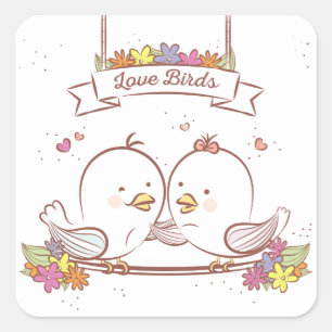 Adesivo Quadrado Casais de Pássaros Rosa e Marrom Amor de Casamento