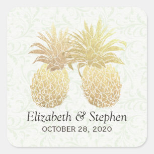 Adesivo Quadrado Casal De Abacaxi De Folha De Ouro Vintage