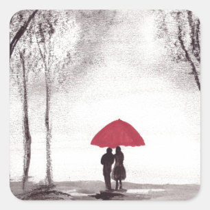 Adesivo Quadrado Casal de amor do guarda-chuva vermelho