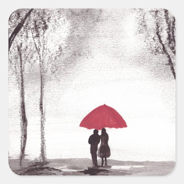 Adesivo Quadrado Casal de amor do guarda-chuva vermelho (Frente)