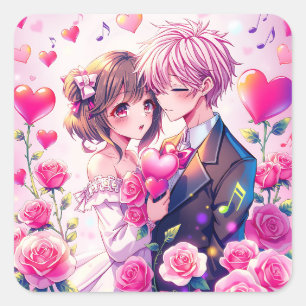 Adesivo Quadrado Casal de Anime Fofo Dia dos Namorados