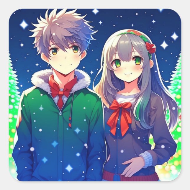 Adesivo Quadrado Casal de anime Natal romântico (Frente)