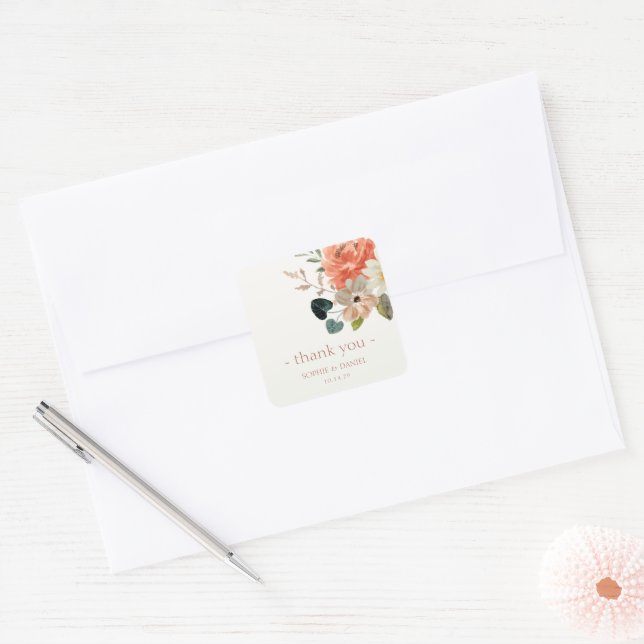 Adesivo Quadrado Casal De Aquarela Floral Elegante Obrigado (Envelope)