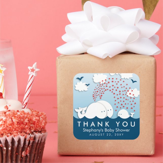 Adesivo Quadrado Casal De Baleias Brancas Bonitas, Bebê, Obrigado (Festa)