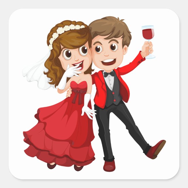 Adesivo Quadrado Casal de casamento (The bride, in her red gown, playfully covers her mouth while the groom raises a glass of wine.)