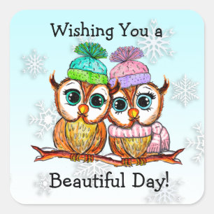 Adesivo Quadrado Casal de Coruja Bonita sentado na Ramificação