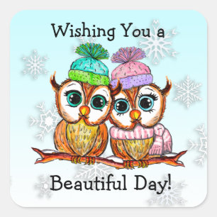 Adesivo Quadrado Casal de Coruja Fria sentado no Ramal