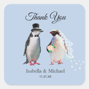 Adesivo Quadrado Casal de Pinguins Elegantes Agradecimento Casament