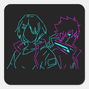 Adesivo Quadrado Casal Minimalista de Anime Cyberpunk Rosa e Azul N