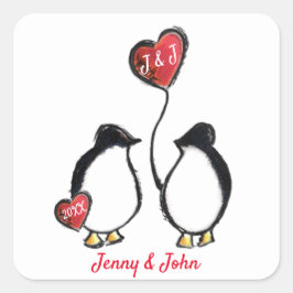 Adesivo Quadrado Casal pinguim e casamento com balões cardíacos