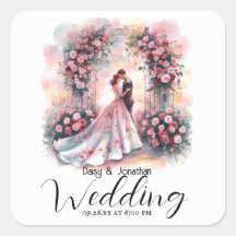 casal romântico sob o casamento do arco floral