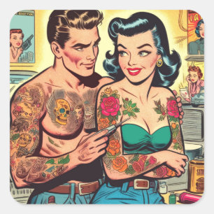 Adesivo Quadrado Casal Tatuado Histórias em quadrinhos Vintage