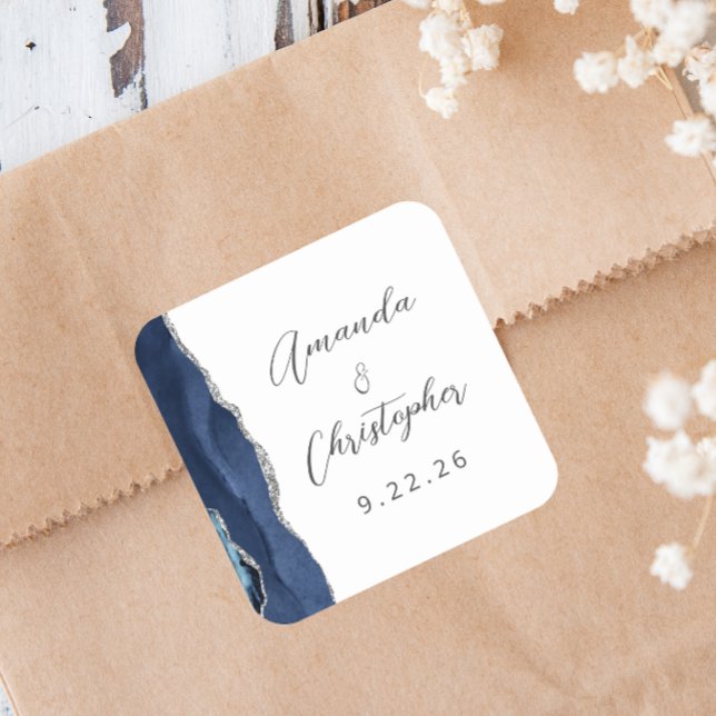 Adesivo Quadrado Casamento Agate Azul Marinho Prata Script (Criador carregado)