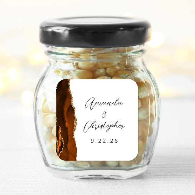 Adesivo Quadrado Casamento Agate Laranja Queimada Dourado Script (Criador carregado)