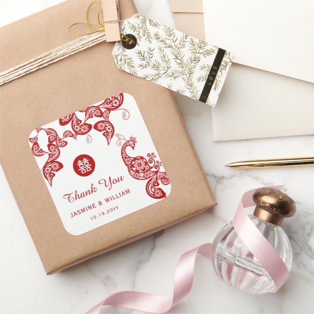 Adesivo Quadrado Casamento Asiático de Dupla Felicidade do Peacock  (Presentear)