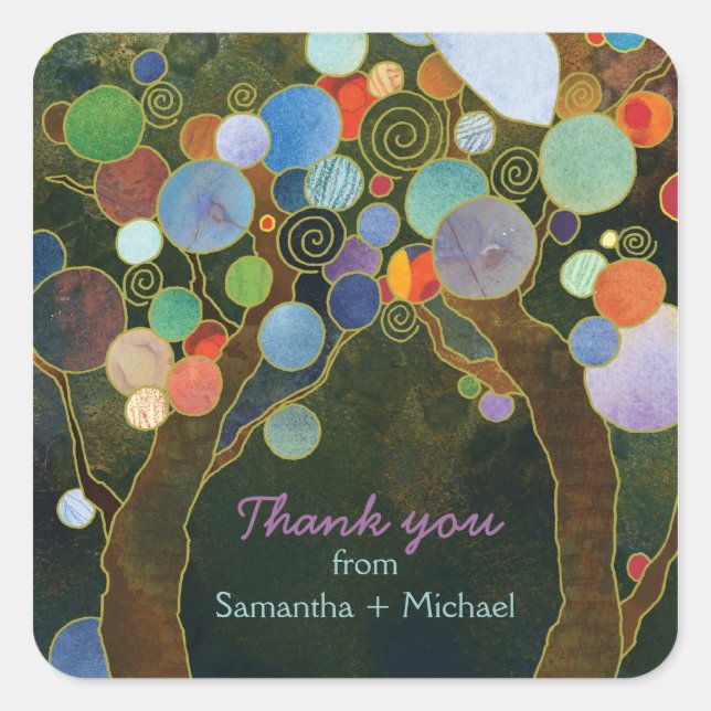 Adesivo Quadrado Casamento Azul Com Árvores De Amor Obrigado (Frente)