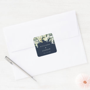 Adesivo Quadrado Casamento Azul-Escuro Elegante Snowberry+Eucalipto