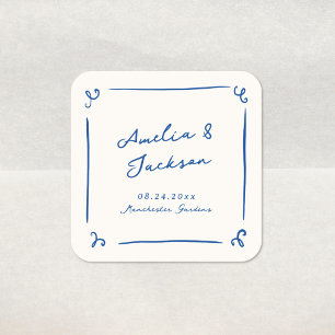 Adesivo Quadrado Casamento Azul Marinho Caprichoso Desenhado à Mão