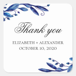 Adesivo Quadrado Casamento azul obrigado. Aquarela floral azul-mari