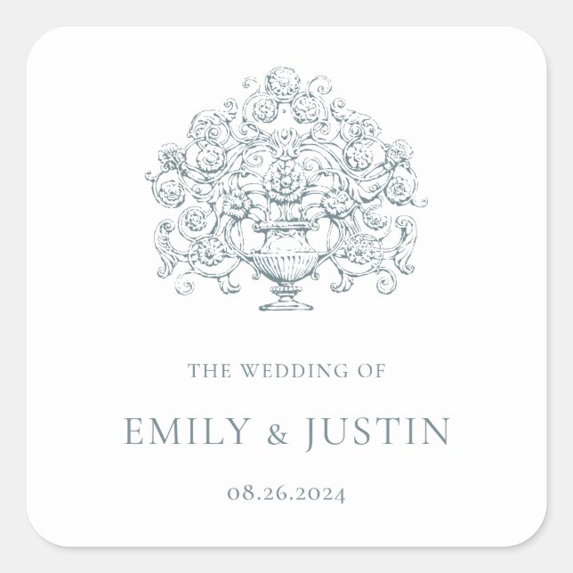 Adesivo Quadrado Casamento Barroco Azul Empoeirado Elegante Vintage (Frente)