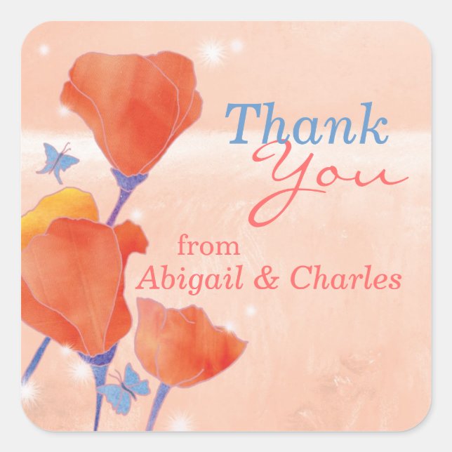 Adesivo Quadrado Casamento Bastante Vermelho Papoila Obrigado (Frente)