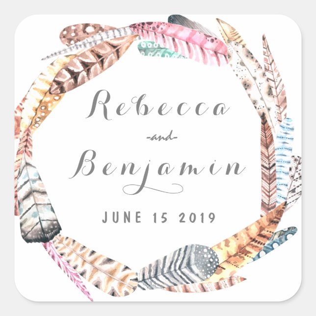 Adesivo Quadrado Casamento Boêmico Russo com Penas de Aquarela (Frente)