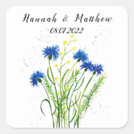 Adesivo Quadrado Casamento bonito de cor aquosa floral de flores az