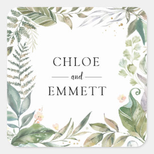 Adesivo Quadrado Casamento botânico cor-de-rosa branco do verde