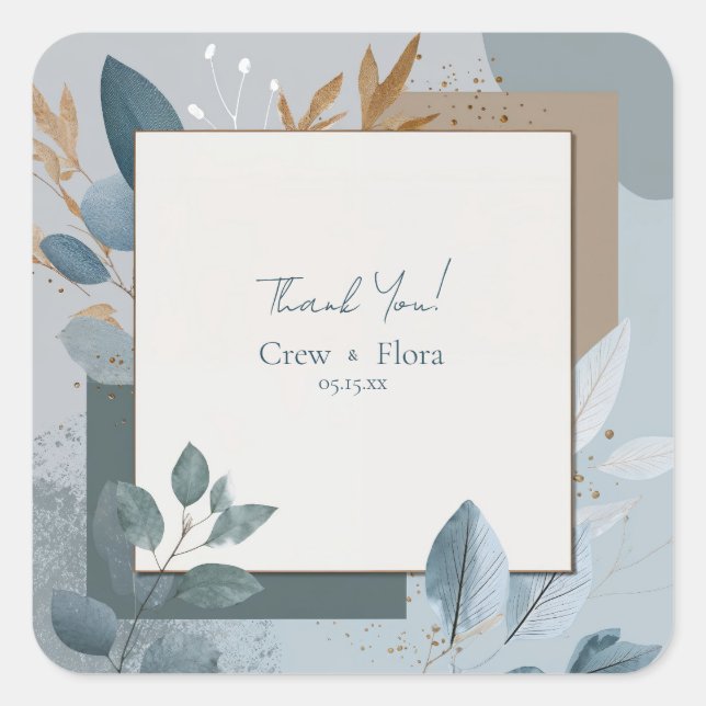 Adesivo Quadrado Casamento Botânico Dourado e Azul Moderno (Frente)