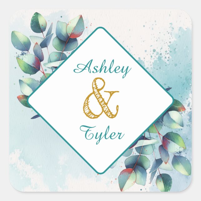 Adesivo Quadrado Casamento Botânico Eucalyptus Watercolor (Frente)