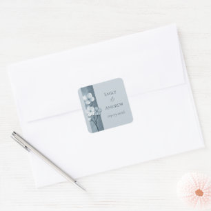 Adesivo Quadrado Casamento Botânico Floral Azul Empoeirado Desenhad