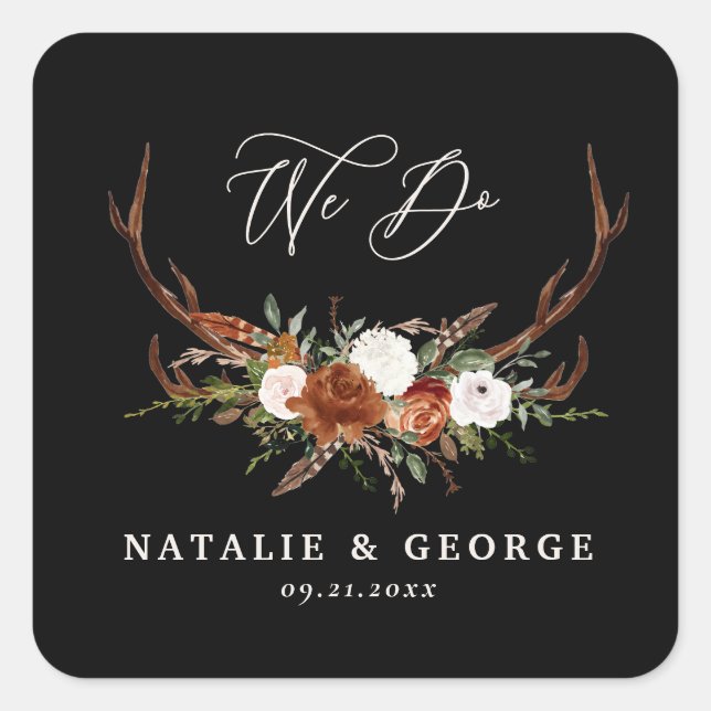 Adesivo Quadrado Casamento botânico preto (Frente)
